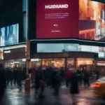 a sleek digital billboard displays a captivating advertisement on a bustling city street at dusk.