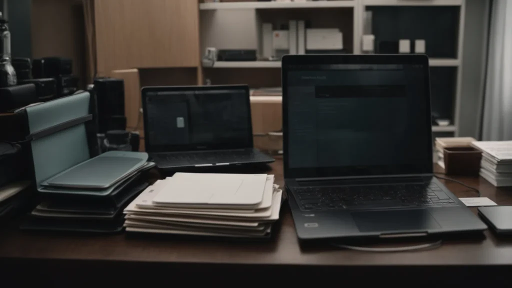 folders and a laptop sit on a table, amidst medical equipment.