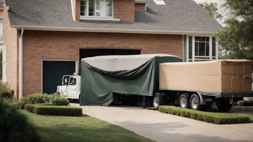 a large moving truck parked outside a home, with open doors revealing neatly arranged boxes and furniture wrapped in protective blankets.