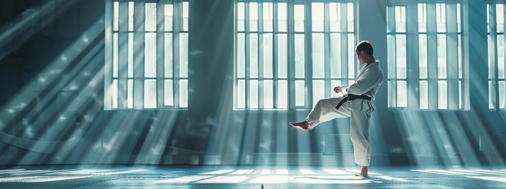 a dynamic karate practitioner executes a powerful kick against a backdrop of a serene gym environment, showcasing the contrast between martial arts and traditional fitness, illuminated by soft, natural light.