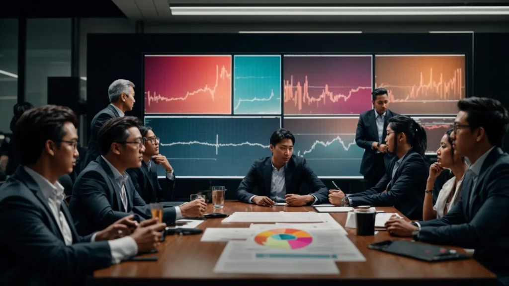 a team of professionals is gathered around a large screen displaying colorful graphs and charts, actively discussing strategic plans.