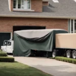 a large moving truck parked outside a home, with open doors revealing neatly arranged boxes and furniture wrapped in protective blankets.