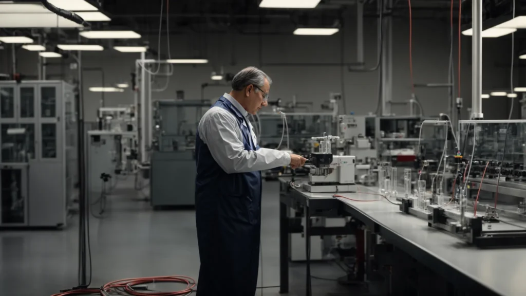 a scientist in a laboratory measures the tension force of a cable using a dynamometer as part of a quality control process.