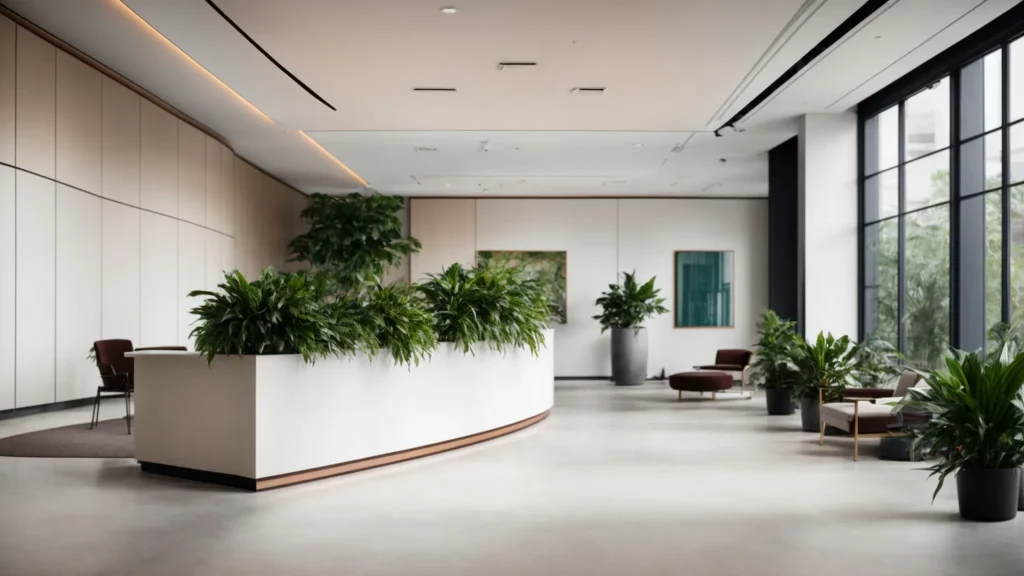 a modern office lobby featuring sleek furniture and vibrant plants arranged around a minimalist reception desk.