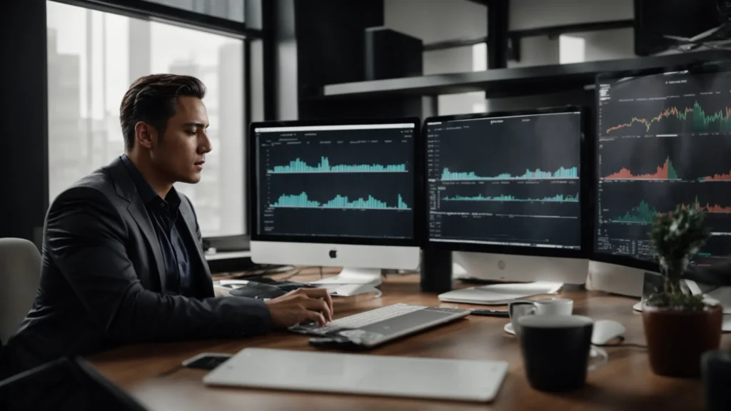 a confident entrepreneur reviews growth charts on a computer in a modern office, showcasing the impact of performance marketing strategies.