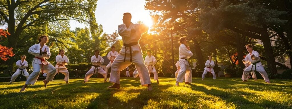 a dynamic outdoor karate class in a sunlit chevy chase park, featuring diverse participants in vibrant gis, showcasing strength and focus against a backdrop of lush greenery.